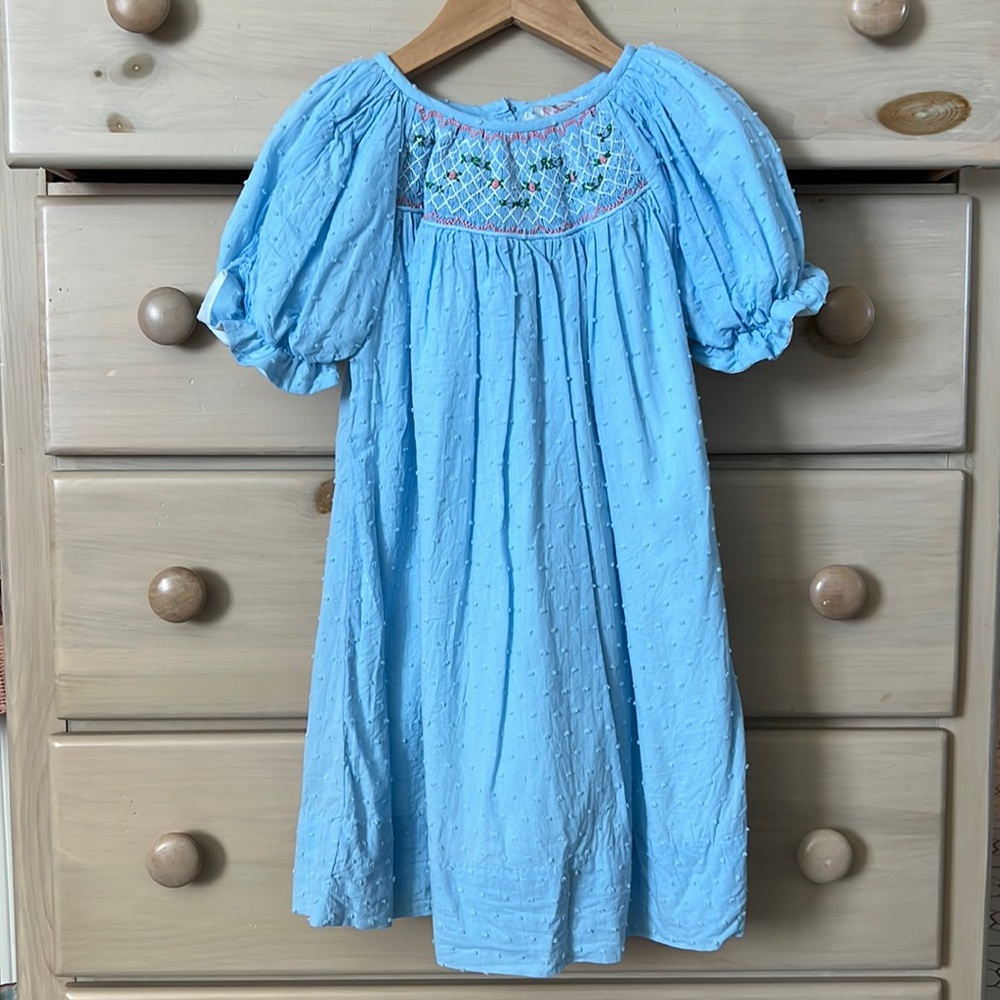 Like new! Cecil & Lou Blue Swiss Dot Geometric Smocked Dress. Size 6.